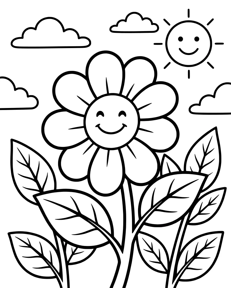 A cartoon coloring page of a smiling flower in a garden with a smiling sun and fluffy clouds in the sky.