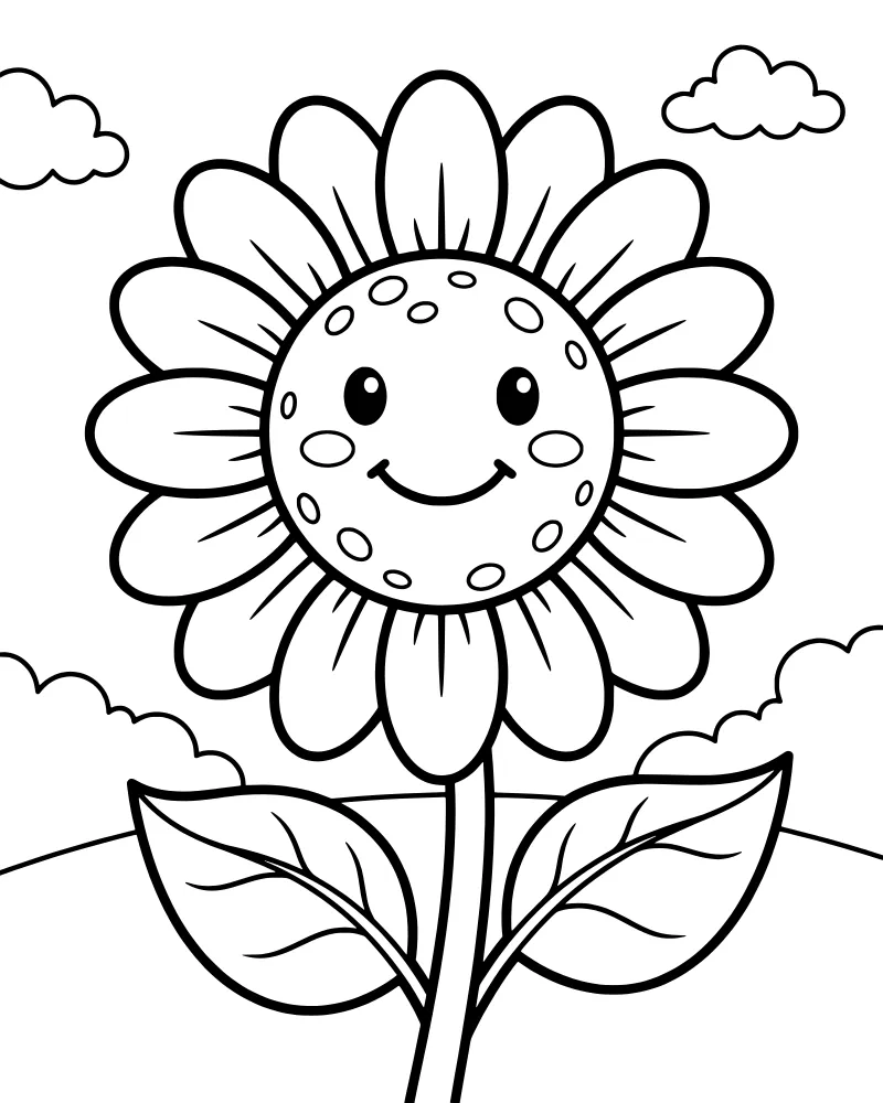Cartoon sunflower with a smiling face standing in a landscape with two rolling hills and three clouds in the sky.