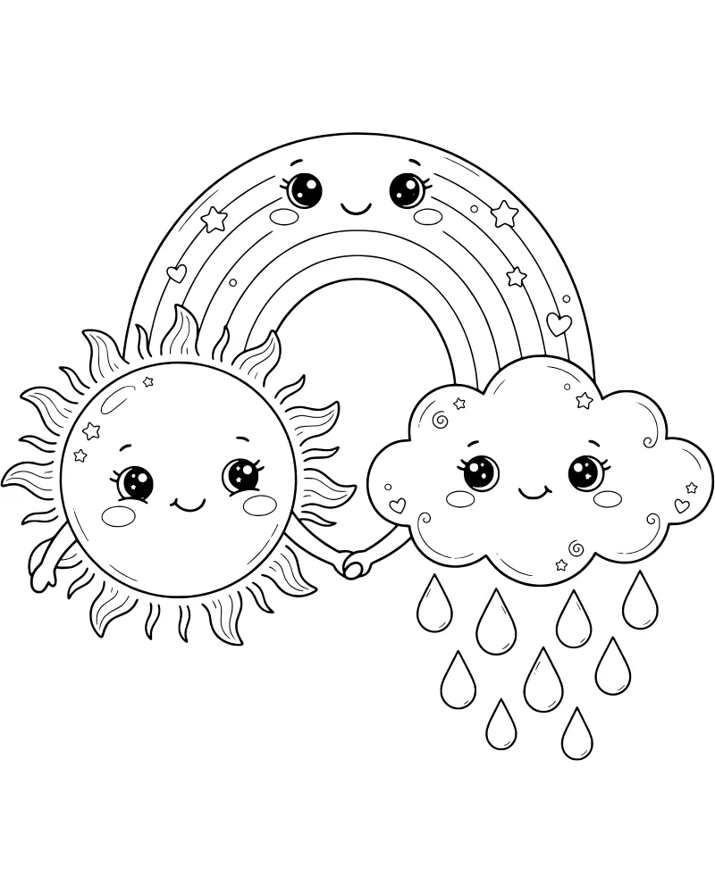 Cartoon sun and cloud holding hands under a large rainbow with raindrops, stars, and hearts in the background.