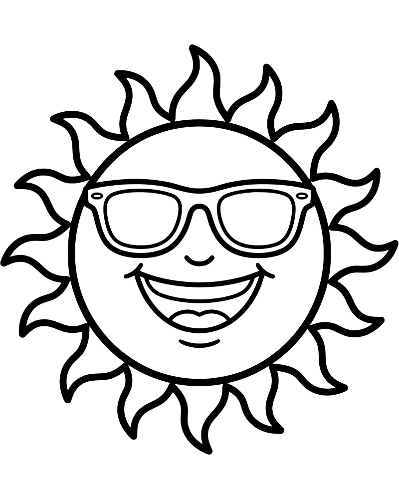 A happy cartoon sun with a wide smile wearing dark sunglasses and surrounded by pointed rays.