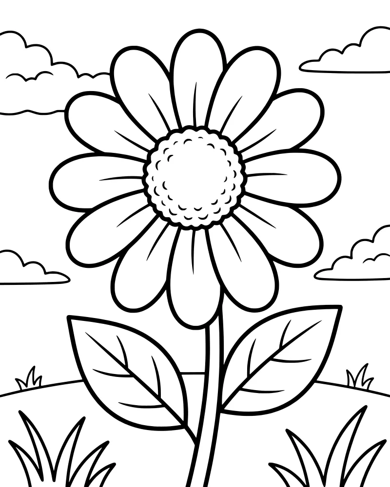 A large cartoon daisy with many petals and a thick stem stands in a grassy field with rolling hills and clouds in the background.