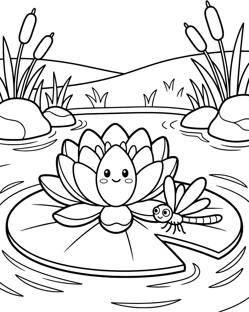 A cartoon smiling water lily on a lily pad with a dragonfly flying over a pond surrounded by cattails and hills.