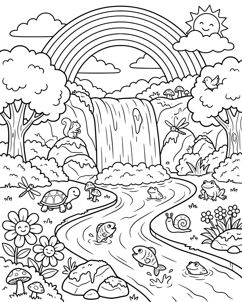 A cartoon landscape with a waterfall, a rainbow in the sky, a river with fish and frogs, and a turtle on a rock surrounded by trees and flowers.