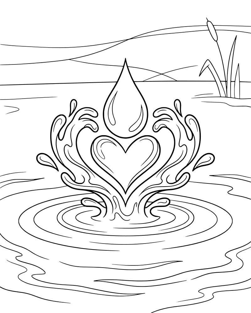 A cartoon water drop falling into a lake creating a heart-shaped splash with ripples and hills in the background.