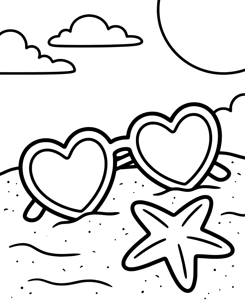 Heart-shaped sunglasses and a starfish resting on a sandy beach under a bright sun and clouds.
