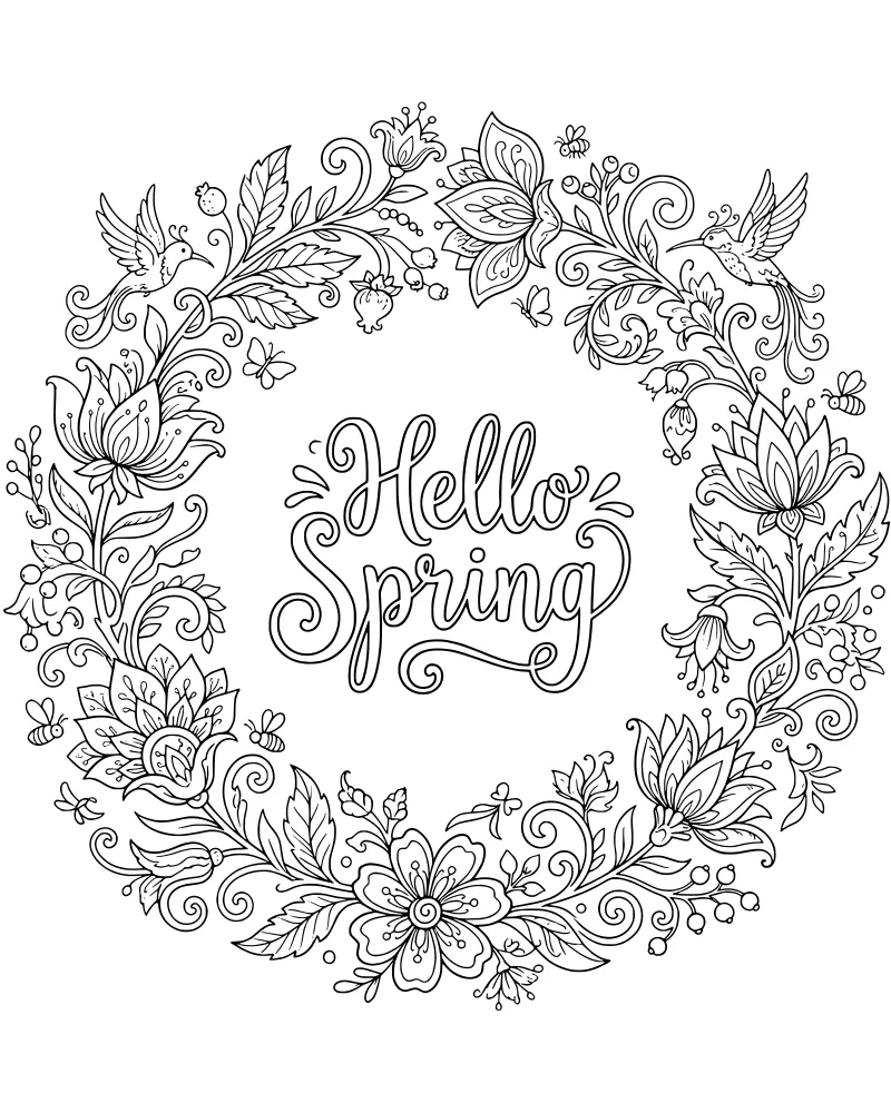 Detailed circular floral wreath with the text Hello Spring in the center, surrounded by hummingbirds, bees, butterflies, and various flowers.