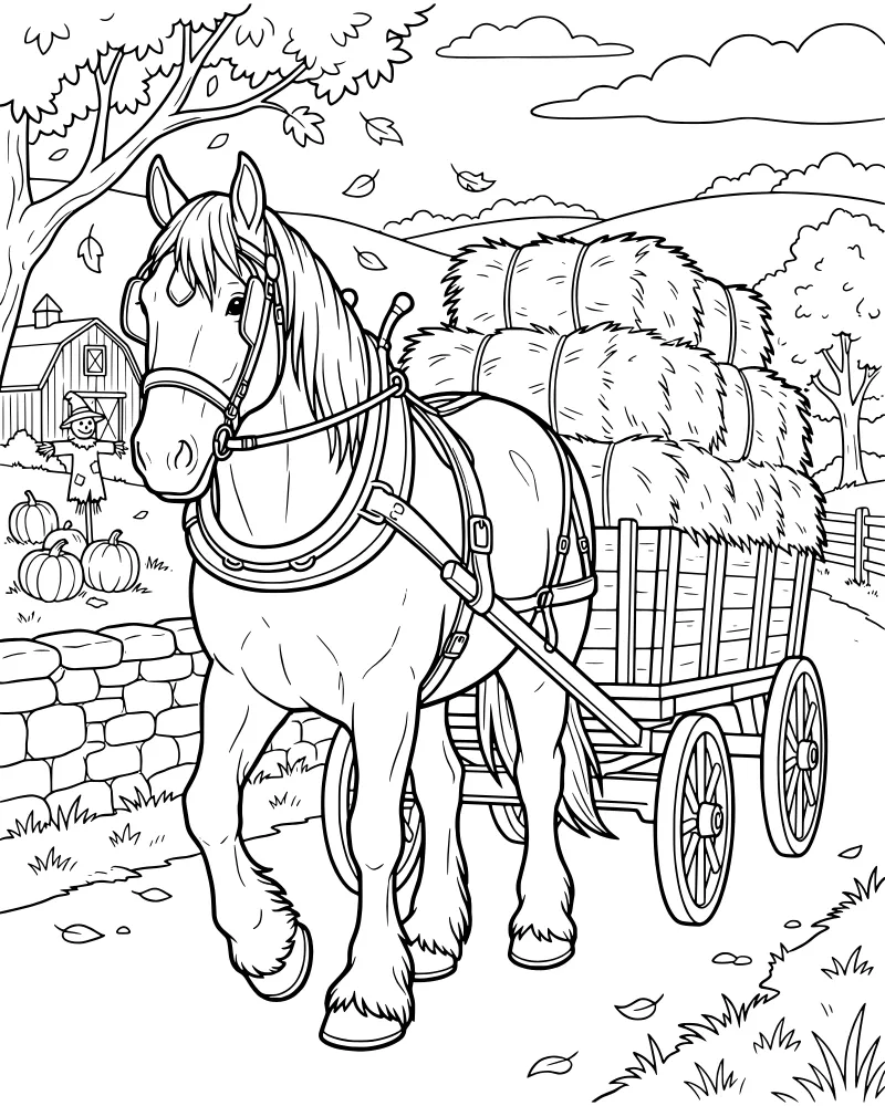 A cartoon horse pulling a cart of hay bales through a farm with pumpkins, a scarecrow, and a farmhouse in the background.
