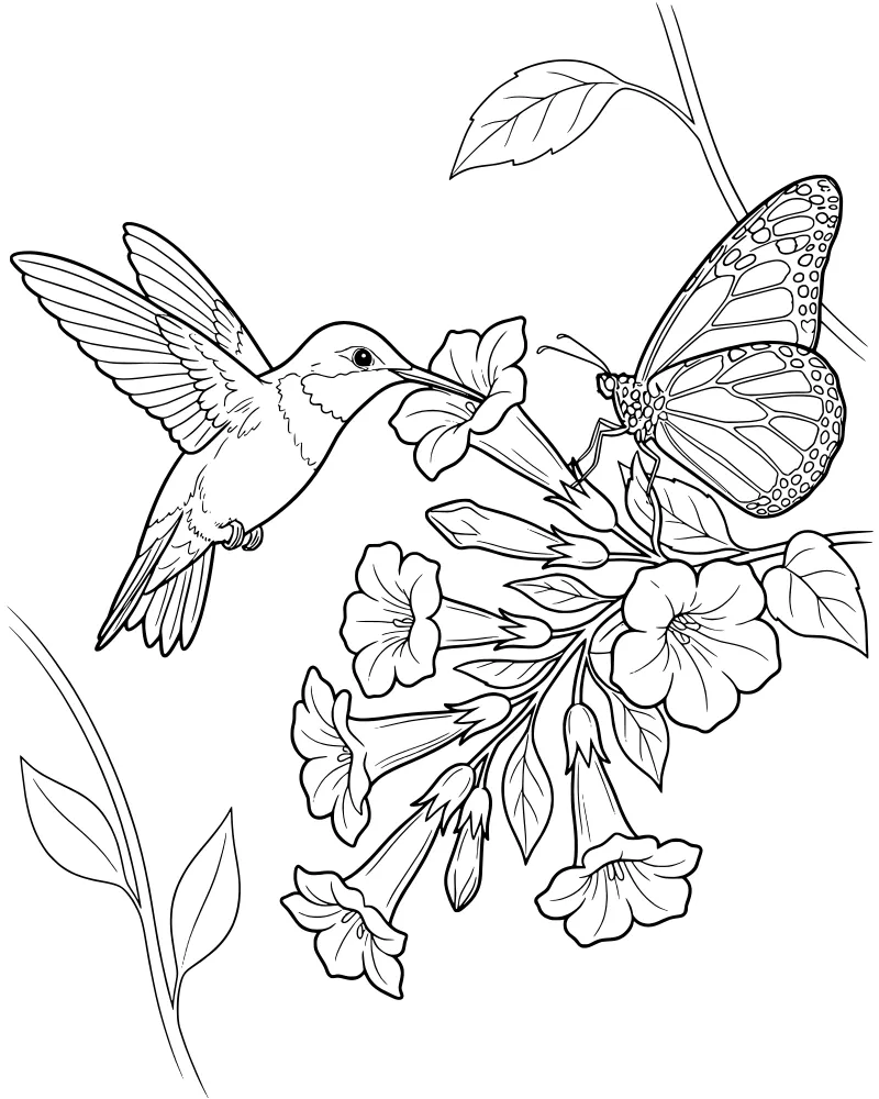 A hummingbird and a butterfly hovering near a cluster of trumpet flowers and leaves on a vine.