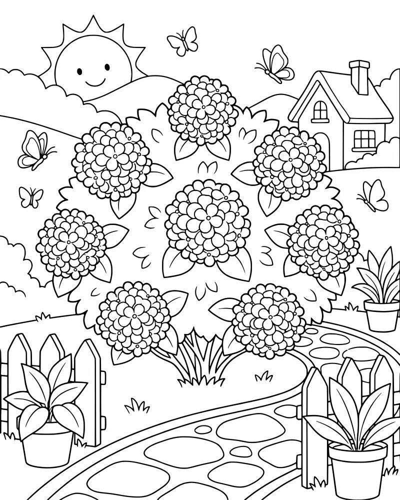 Cartoon garden scene with a large hydrangea bush, butterflies, and a small house with a pathway.