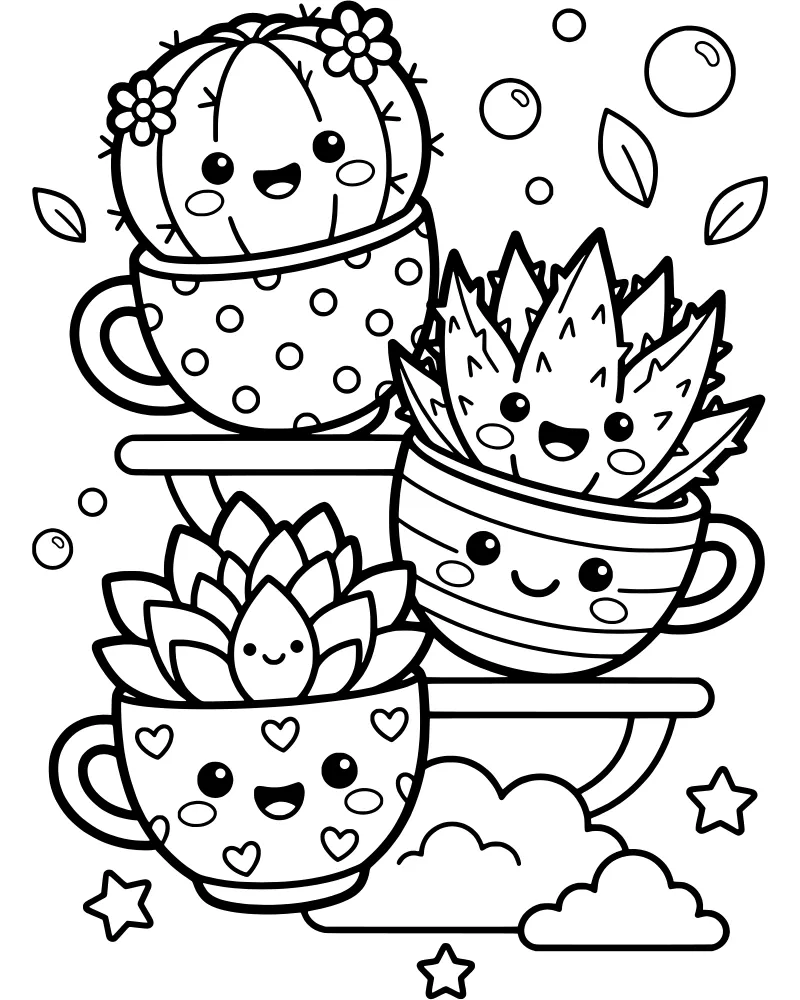 Three cartoon succulents with smiling faces in patterned cups sitting on a shelf with stars and clouds.