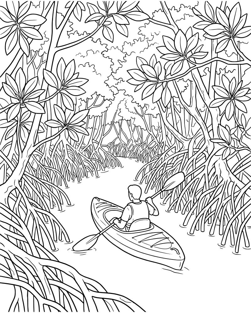 A cartoon illustration of a person in a kayak paddling through a dense mangrove forest with tangled prop roots and many leaves.