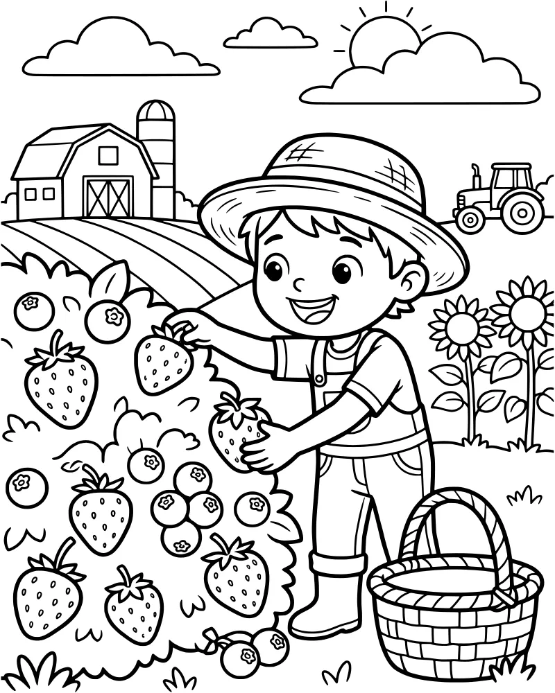 Cartoon boy in overalls and a hat picking strawberries and blueberries into a basket on a farm with a barn, tractor, and sunflowers.