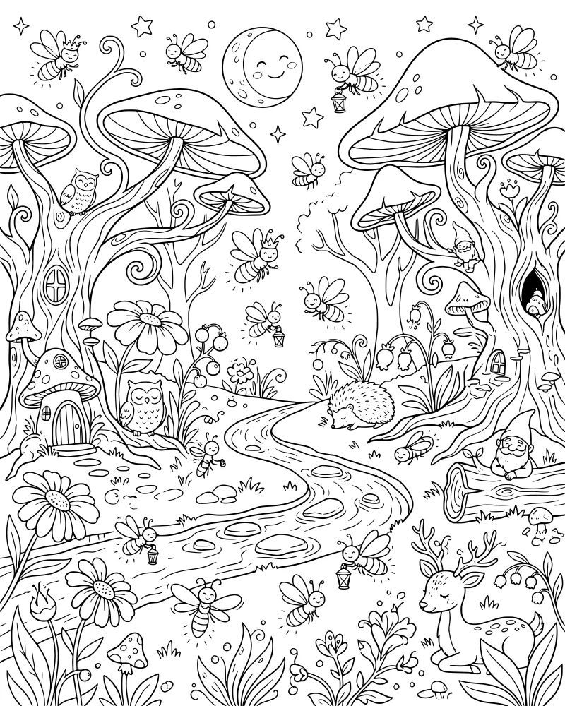 A detailed cartoon forest at night with a deer, an owl on a branch, a gnome near fairy houses, and fireflies over a stream.