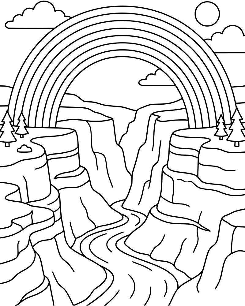 A cartoon-style canyon landscape with a river flowing through rock formations under a large rainbow and bright sun.