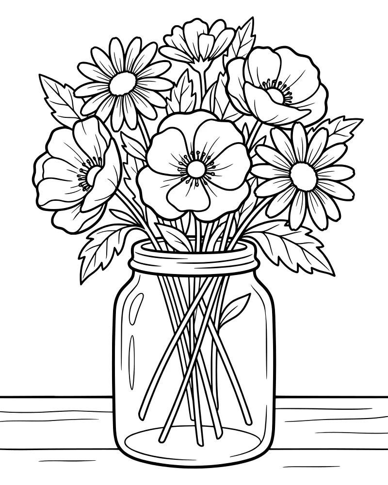 Cartoon illustration of a mason jar filled with daisies and poppies on a flat surface.