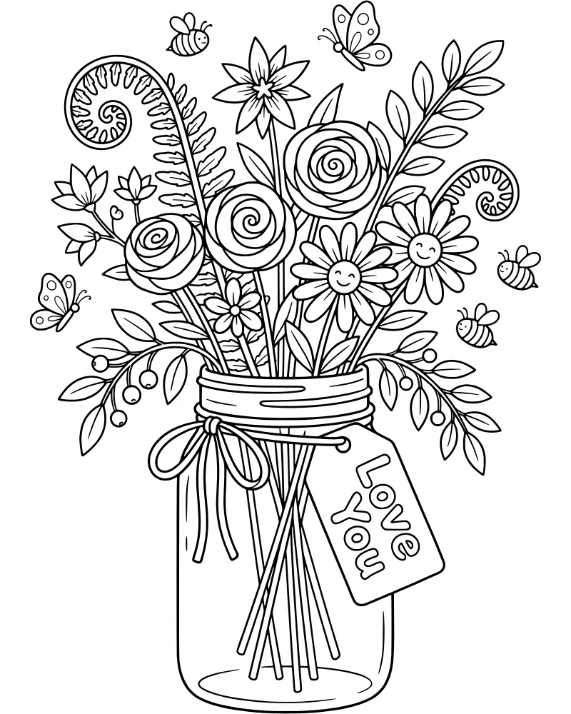 Cartoon mason jar filled with roses and a smiling daisy, decorated with a Love You tag, berries, and surrounded by bees and butterflies.