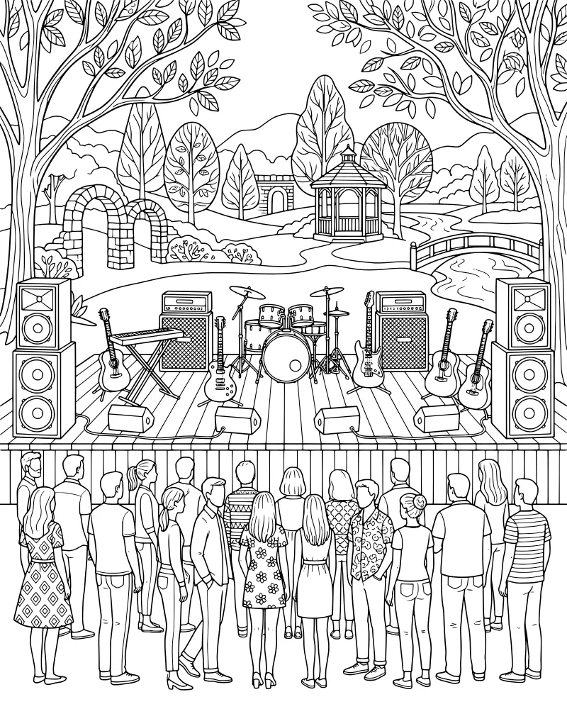 A cartoon outdoor concert scene with a stage, musical instruments, an audience, and a park background with a gazebo and bridge.