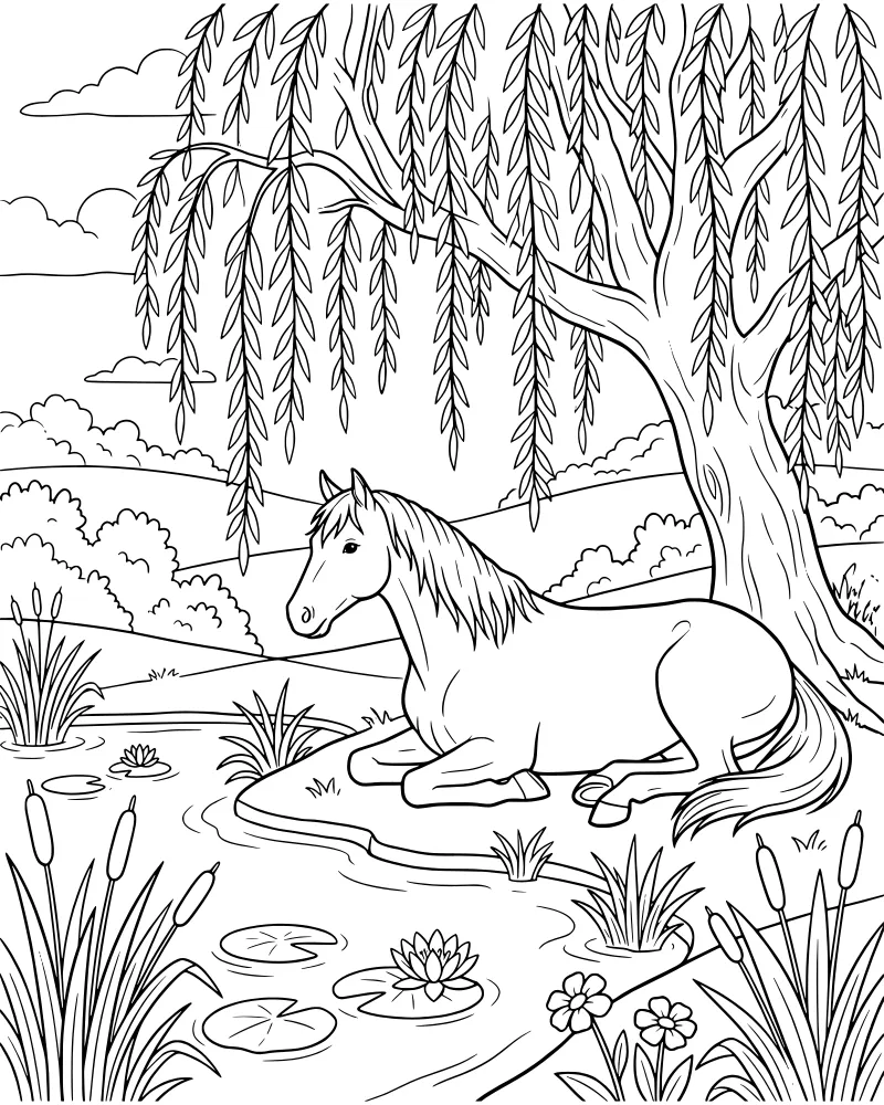 A cartoon horse resting under a large weeping willow tree next to a pond with water lilies and reeds.