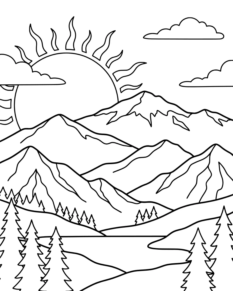 A nature scene with a sun rising over mountains, clouds in the sky, a winding river, and evergreen trees on rolling hills.