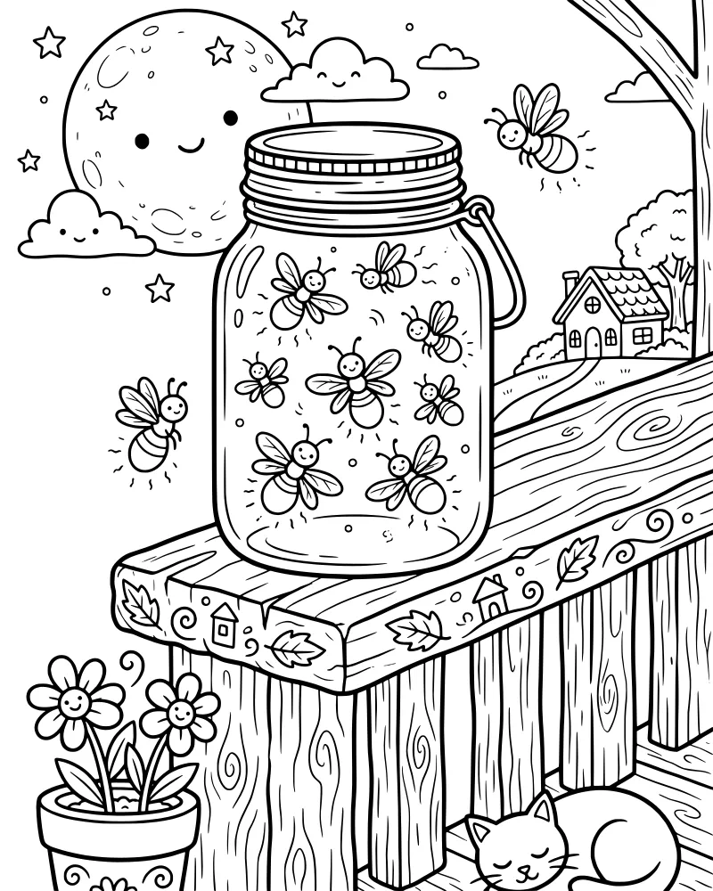 A cartoon night scene with a mason jar of fireflies on a wooden bench, a sleeping cat, a smiling moon, and a small house in the background.