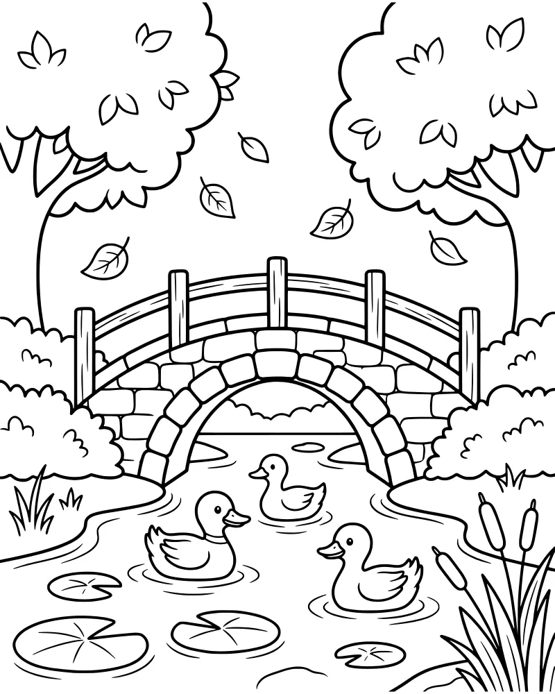 A cartoon drawing of a stone arch bridge over a pond with three ducks swimming near lily pads and reeds.