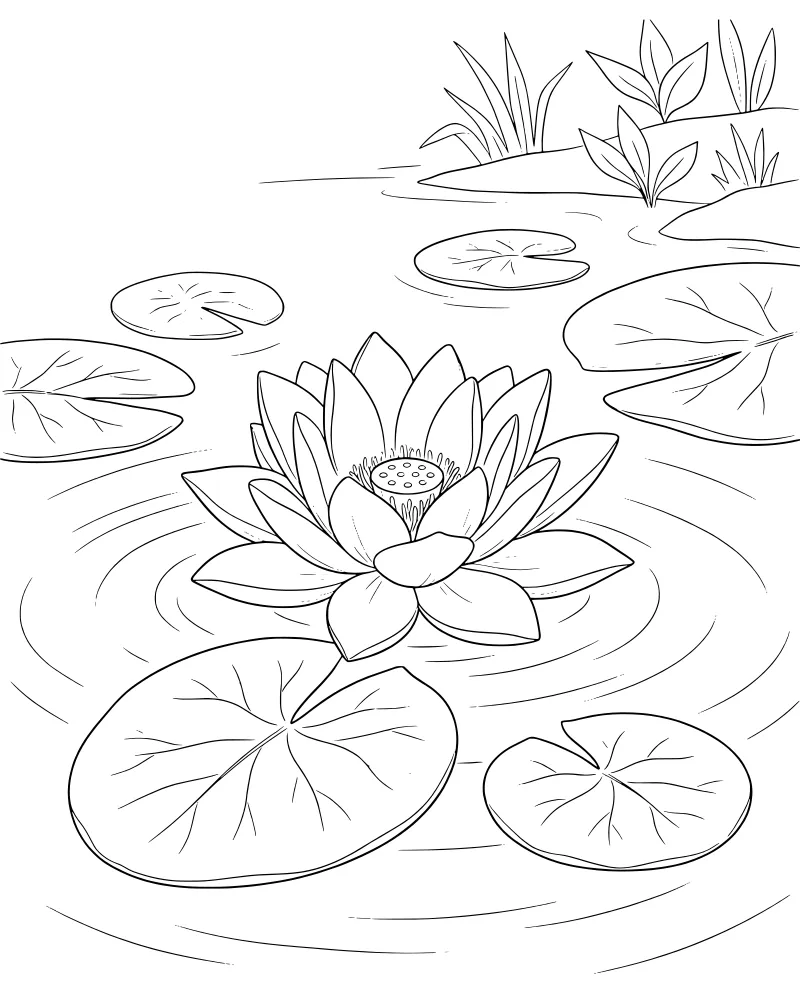 A detailed line art drawing of a water lily in a pond with lily pads, ripples, and reeds on the shore.