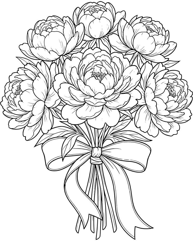 A botanical illustration of a lush bouquet of peonies tied with a large ribbon and bow.