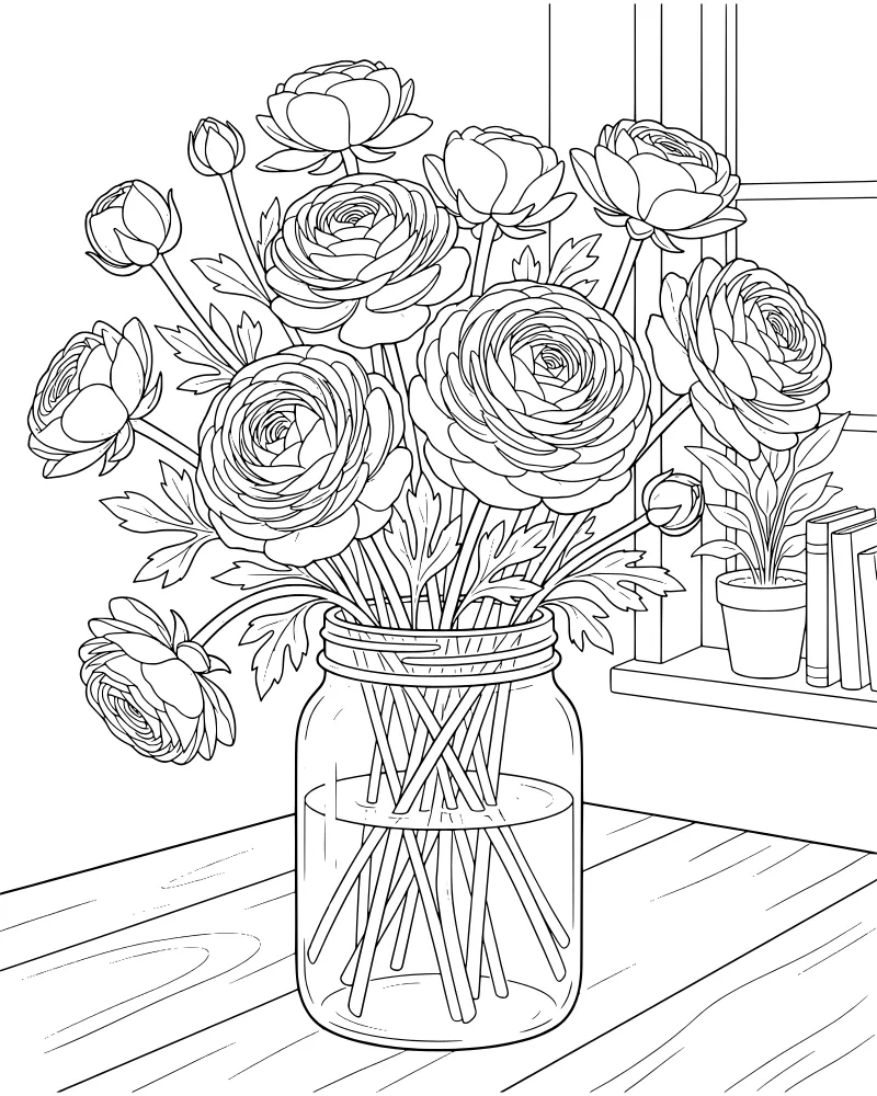 A detailed line drawing of ranunculus flowers in a mason jar on a wooden table next to a bookshelf and a window.