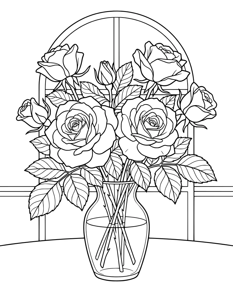 A detailed line art drawing of a glass vase filled with roses and buds sitting on a table in front of a multi-pane window.
