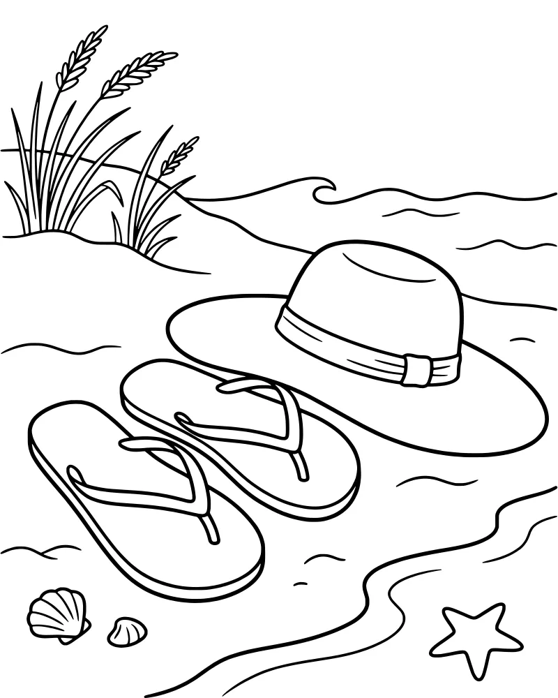 Cartoon beach scene with a sun hat, flip-flops, starfish, and seashells on the sand with waves in the distance.