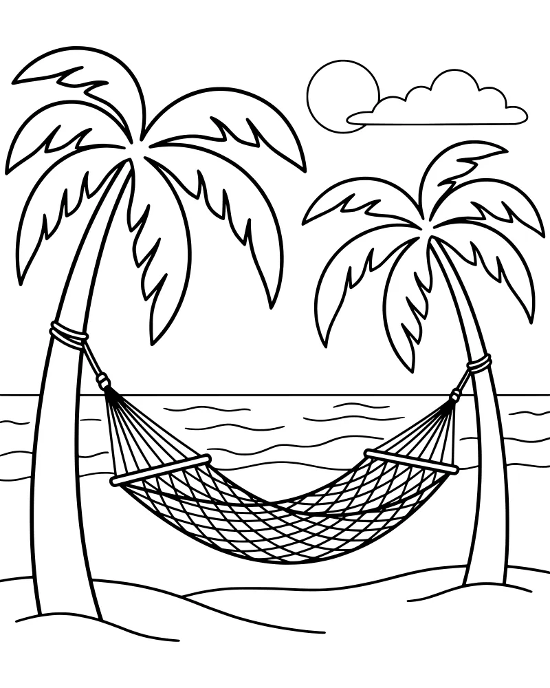 A cartoon style tropical beach scene with a hammock tied between two palm trees, a sunny sky with a cloud, and ocean waves.