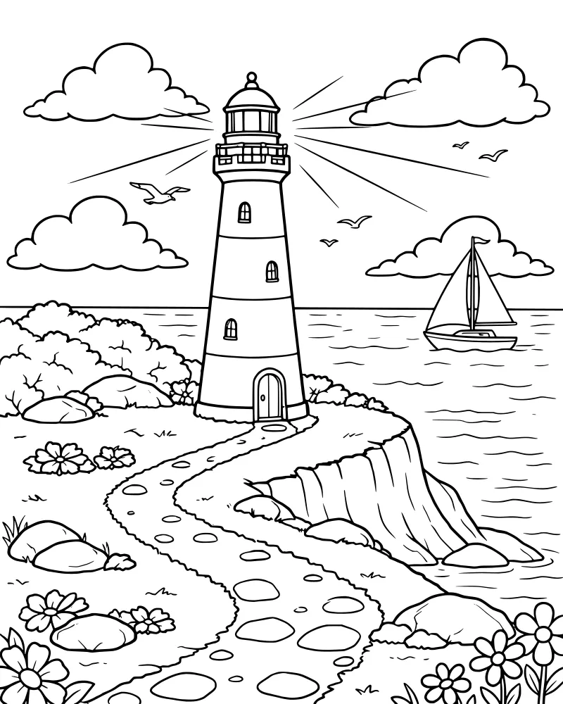 A cartoon lighthouse on a cliff with a winding stone path leading to it, featuring flowers, rocks, and a sailboat on the ocean.
