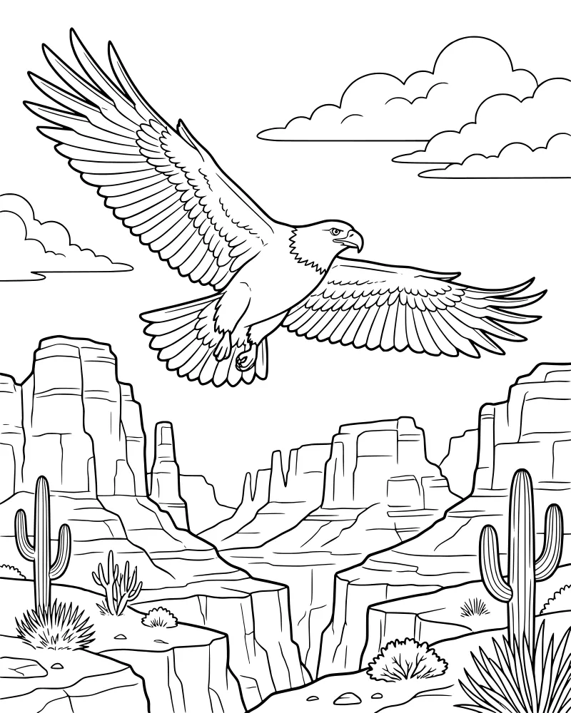 A cartoon eagle with wide wings soaring over a desert landscape with tall rock mesas, cacti, and clouds.