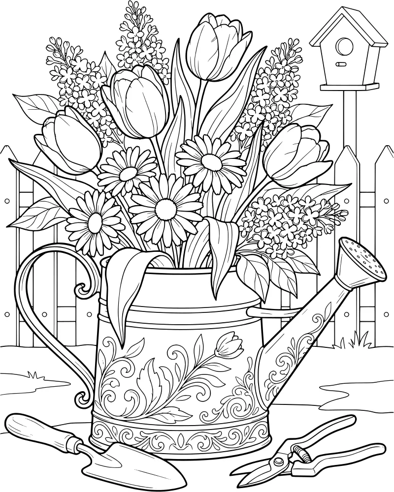 A decorative watering can filled with a bouquet of tulips and daisies sitting in the grass next to gardening tools with a birdhouse in the background.