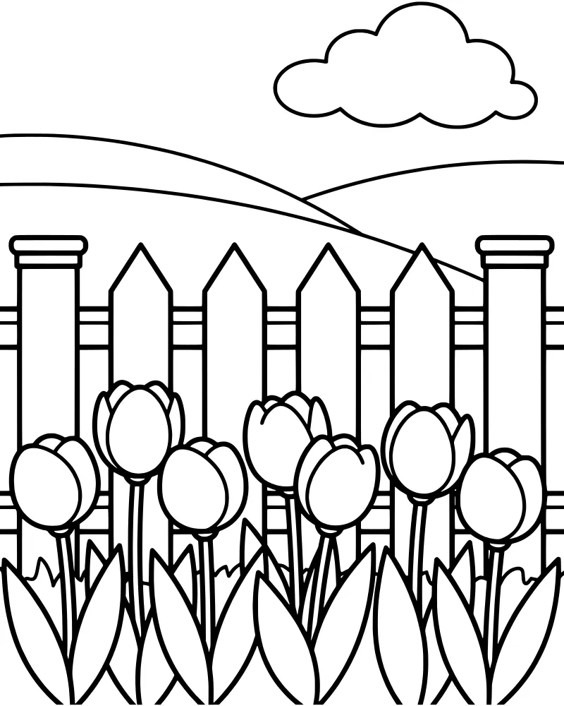 Cartoon tulips blooming in front of a white picket fence with rolling green hills and a cloud in the background.