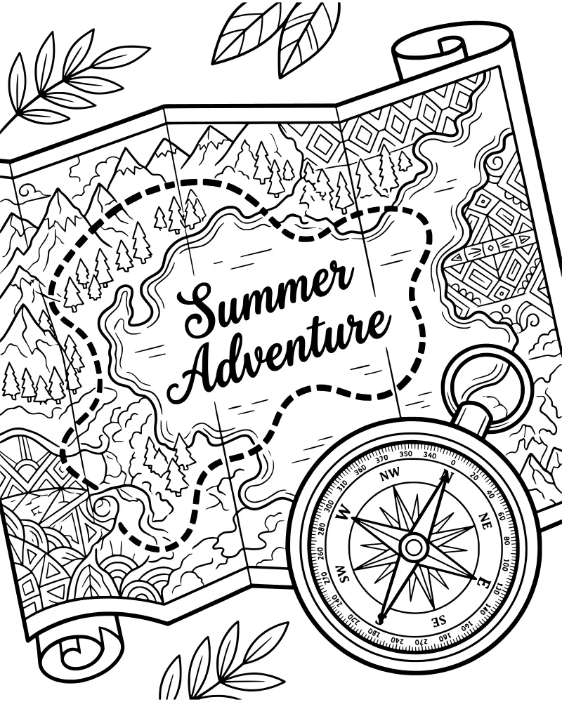 A rolled-up map showing mountains, a river, and a forest with a compass and a dotted line trail.