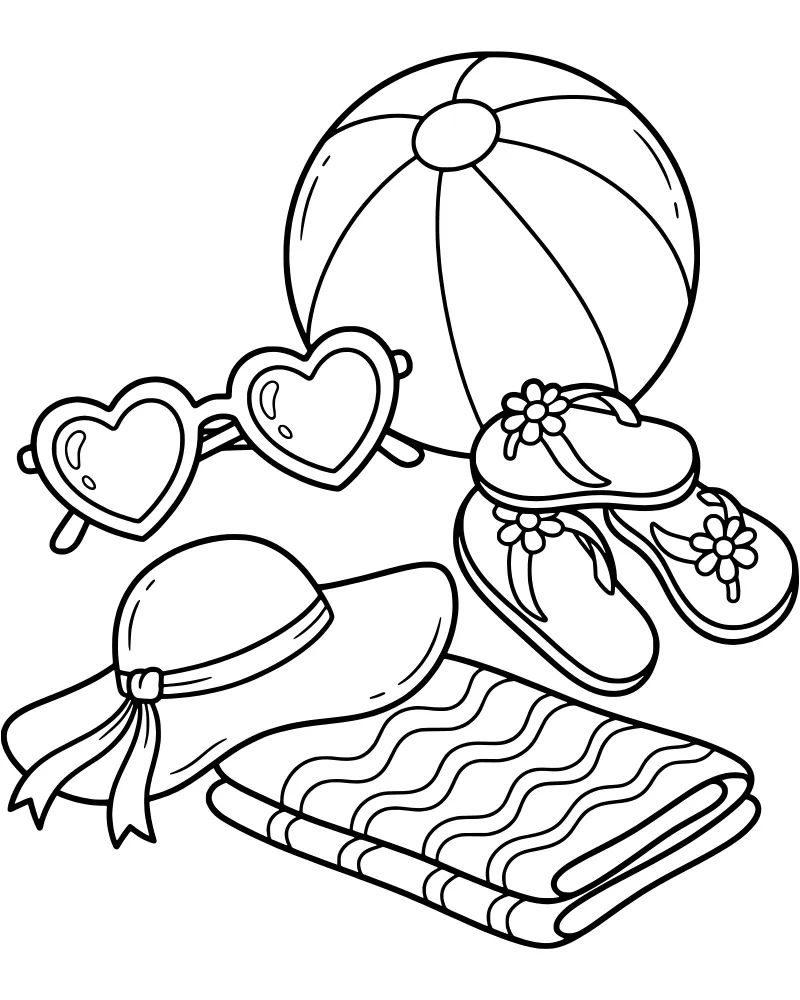 Cartoon beach ball, heart-shaped sunglasses, a wide-brimmed hat, a towel, and flip-flops arranged for a summer day.