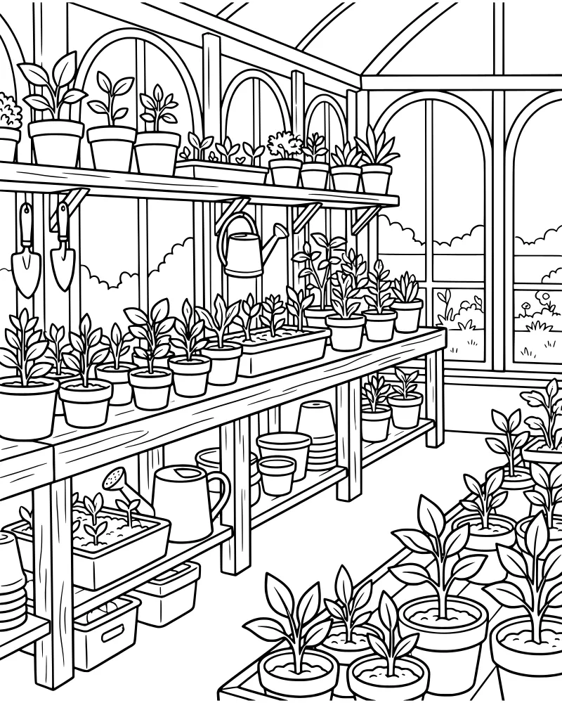 A cartoon greenhouse interior with shelves of potted plants, a watering can, and arched windows showing clouds and grass.