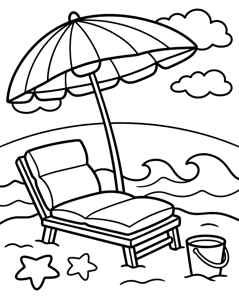 A cartoon beach scene with a striped umbrella, a lounge chair, a bucket, a starfish, and gentle ocean waves under fluffy clouds.