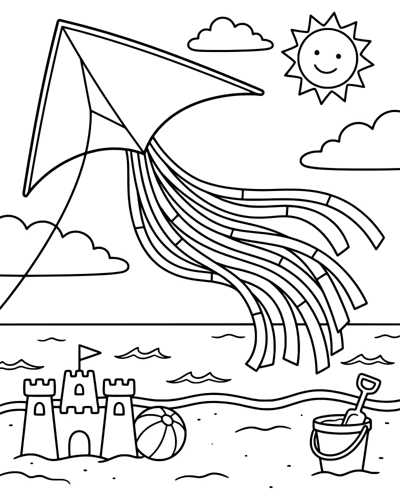 A cartoon beach scene with a kite flying in the sky, a sandcastle with a flag, a beach ball, and ocean waves.
