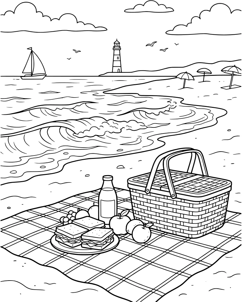 A cartoon beach scene featuring a picnic basket on a plaid blanket with sandwiches and fruit, a lighthouse, and a sailboat on the ocean.