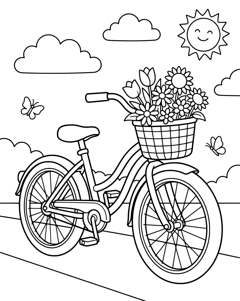 Cartoon bicycle with a basket of tulips and sunflowers under a smiling sun and clouds.