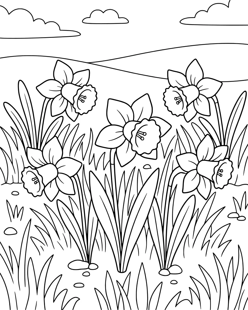 A cartoon scene of bright daffodils growing in a grassy meadow with rolling hills and clouds in the background.