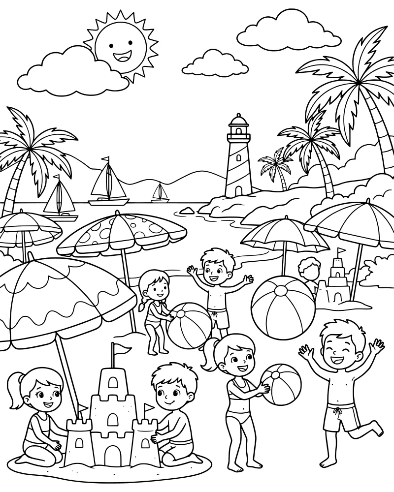 A cartoon beach scene with children playing, sandcastles, beach balls, palm trees, and a lighthouse with sailboats in the distance.