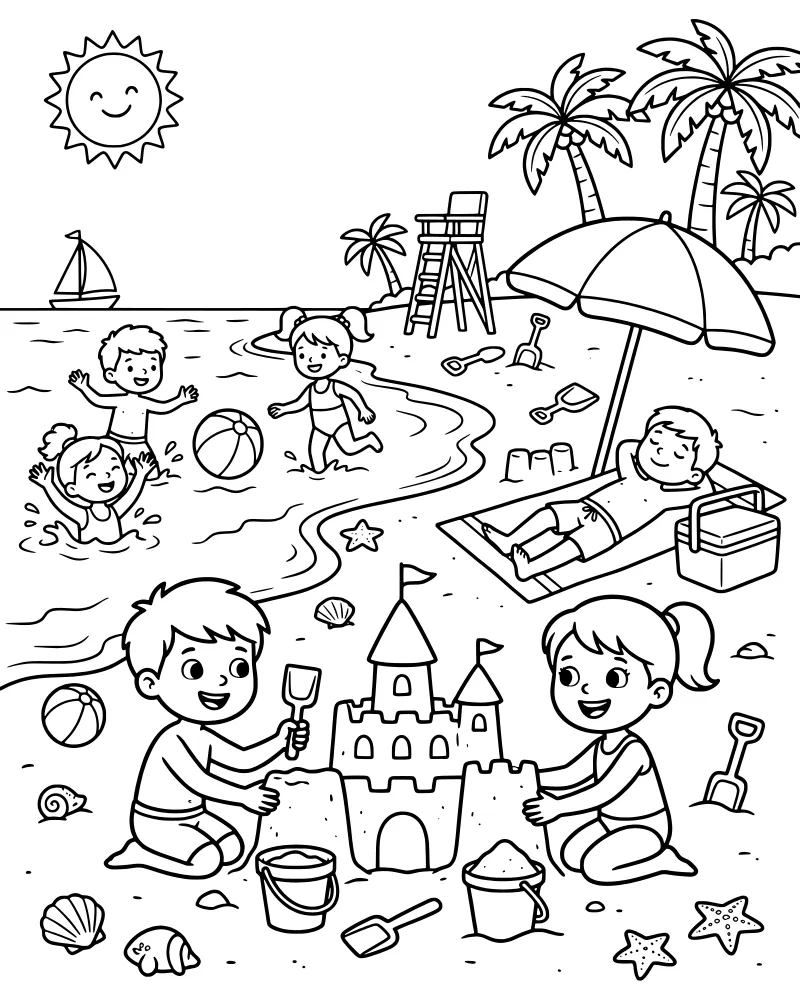 A cartoon beach scene with kids in the ocean, a sandcastle with shells, a sailboat, and palm trees under a bright sun.