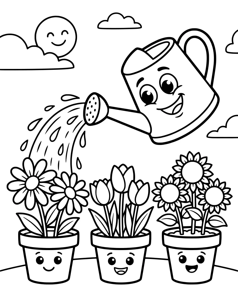 Cartoon watering can pouring water on sunflower, tulip, and daisy pots under a smiling sun and clouds.