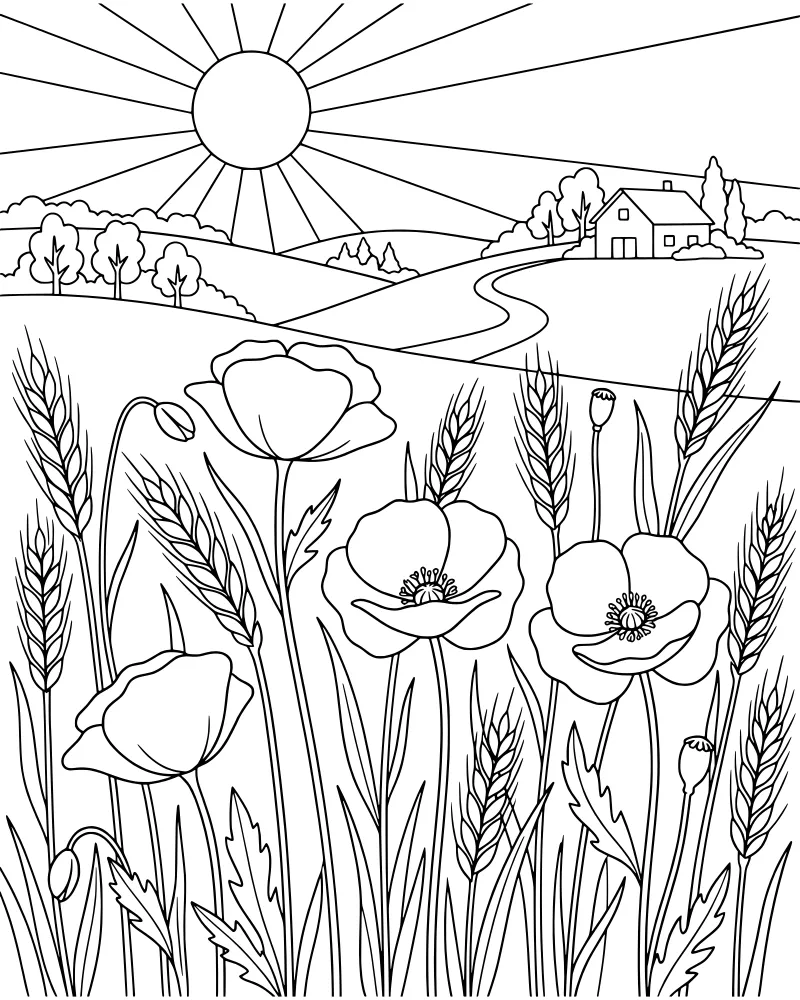 A rural landscape with a large sun, a farmhouse, a winding road, and a foreground of poppies and wheat stalks.