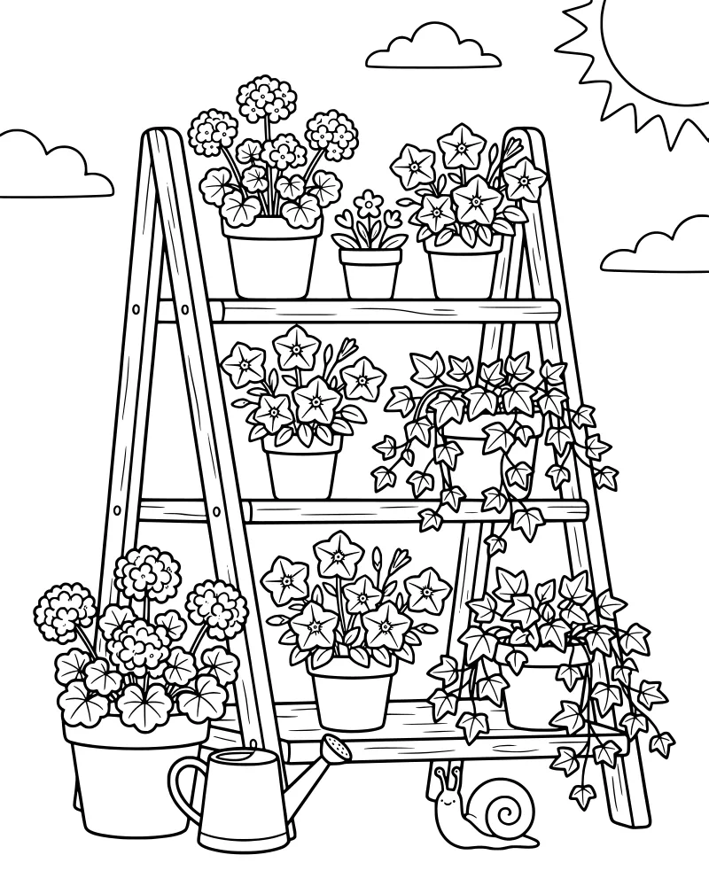 A tiered ladder shelf holding potted flowers and ivy next to a watering can and a snail under a smiling sun.