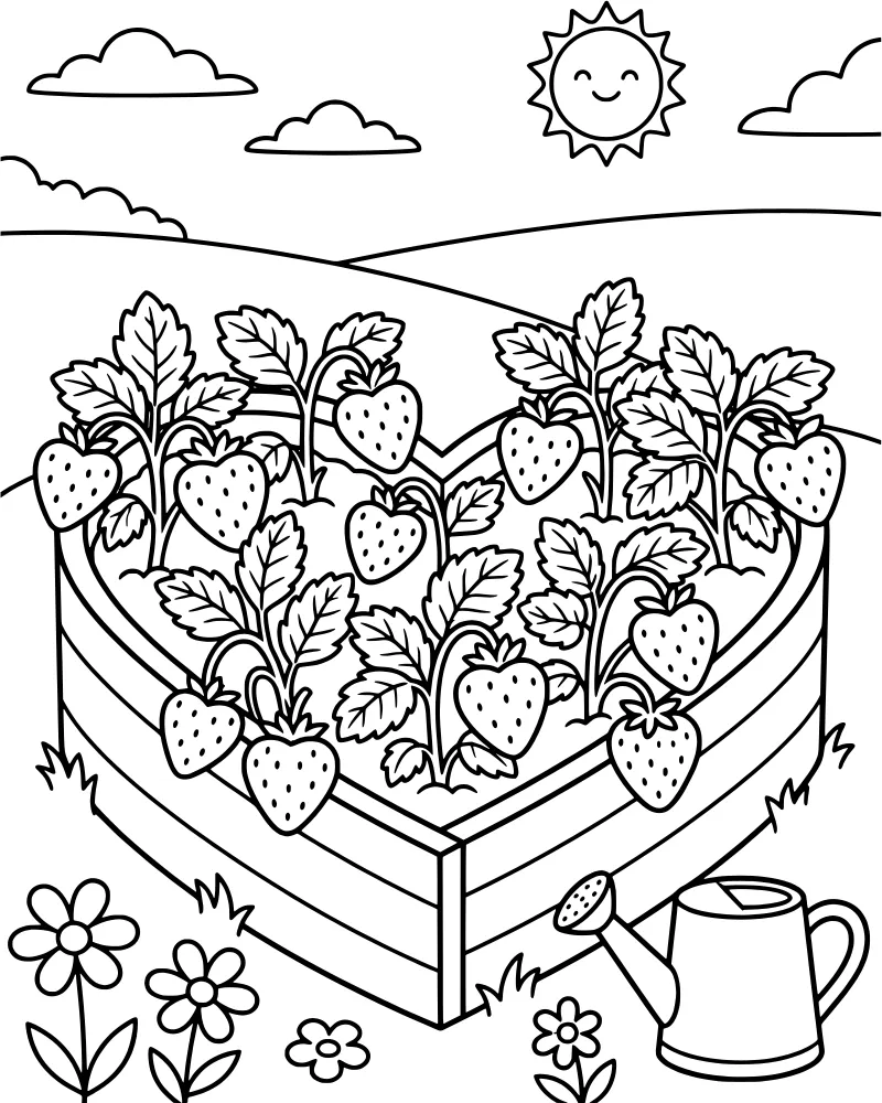 A cartoon strawberry patch in a raised wooden garden bed with a watering can, flowers, and a smiling sun in the sky.