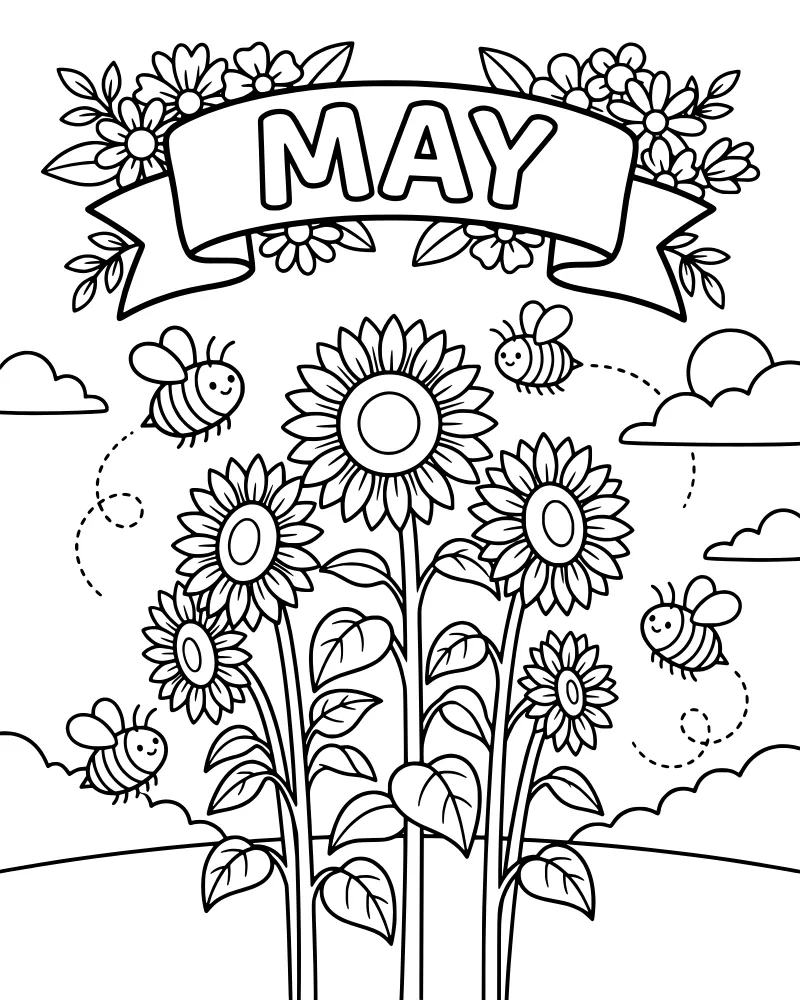 Sunflowers with smiling bees flying around a banner that says MAY under a cloudy sky.